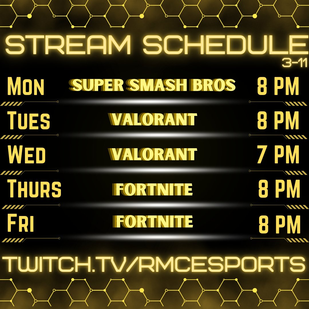 The seasons winding down but we're not! More great games this week, come stop by

#RMCEsports #esports #ECAC #NACE #videogames #gaming #streaming #twitch #livestream #ssbu #valorant #fortnite