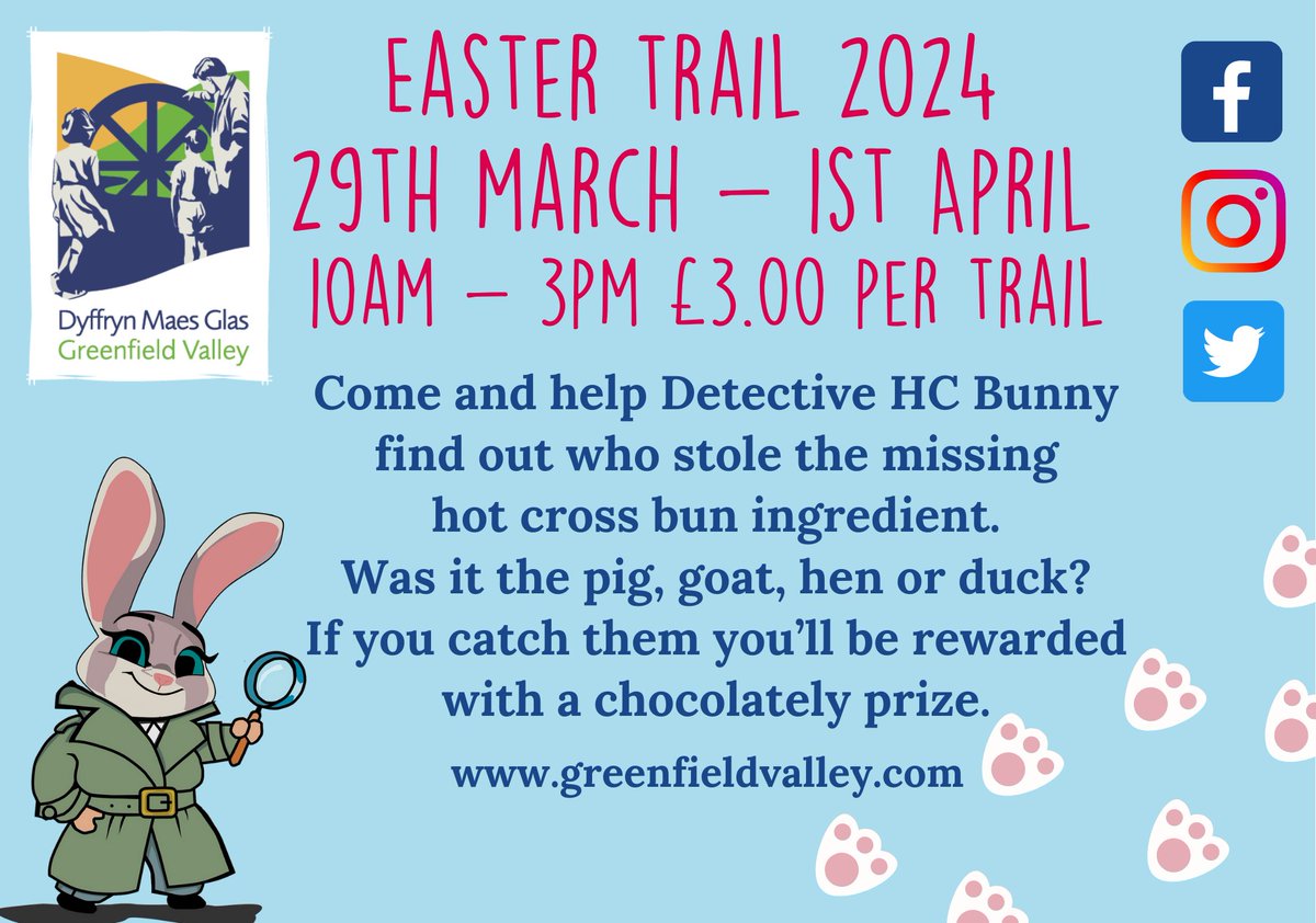 Enjoy Easter in Greenfield Valley. 
Our Easter Trail will be available each day from 29/03 - 01/04 10am – 3pm. £3.00 per trail, includes map with clues, recipe, and chocolate prize. #UKSPF  #EasterFun #EasterTrail #FamilyFun #GreenfieldValley #OutdoorAdventure #FamilyDayOut