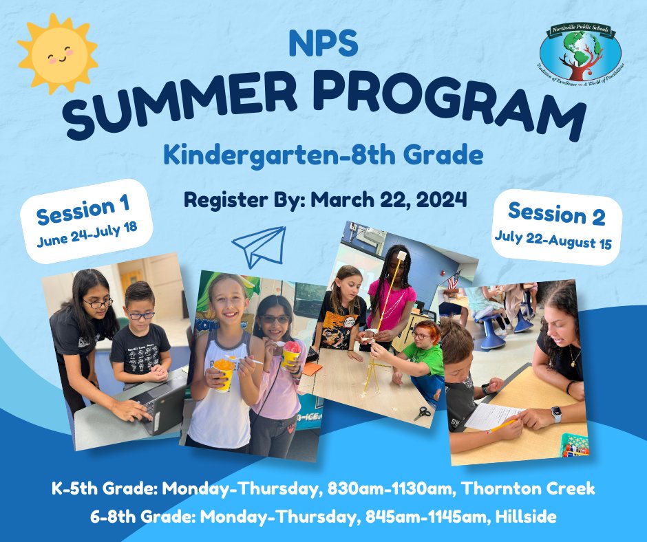 Registration is now OPEN for our summer programming for K-8th grade! 🌟 With two sessions available and a new location at Thornton Creek, this summer is bound to be unforgettable! Register: northvilleschools.org/apps/news/arti…