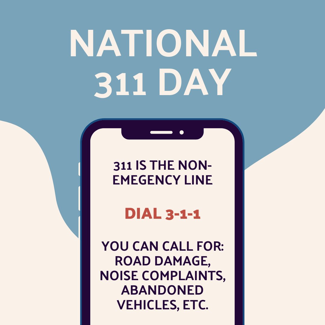 HealthyYoungNV's tweet photo. Today is National 311 Day! Did you know that the number 3-1-1 represents the non-emergency line? It serves as a number to call for questions that don't fall under an emergency, and can help residents report any crimes that do not involve any immediate threat to life or property. https://t.co/MFJCT70wg8