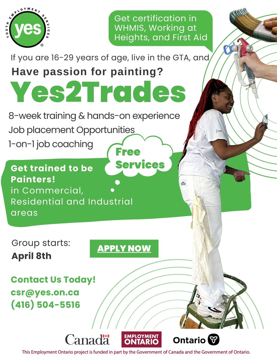 🎨Attention all aspiring painters! Are you dreaming of turning your passion for painting into a career?
🎨 csr@yes.on.ca or call (416) 504-5516
#gtajobs #torontojobs #toronto #ONjobs #youthemployment #training #employment #findjobs #painter #gethelp #youth #freetraining