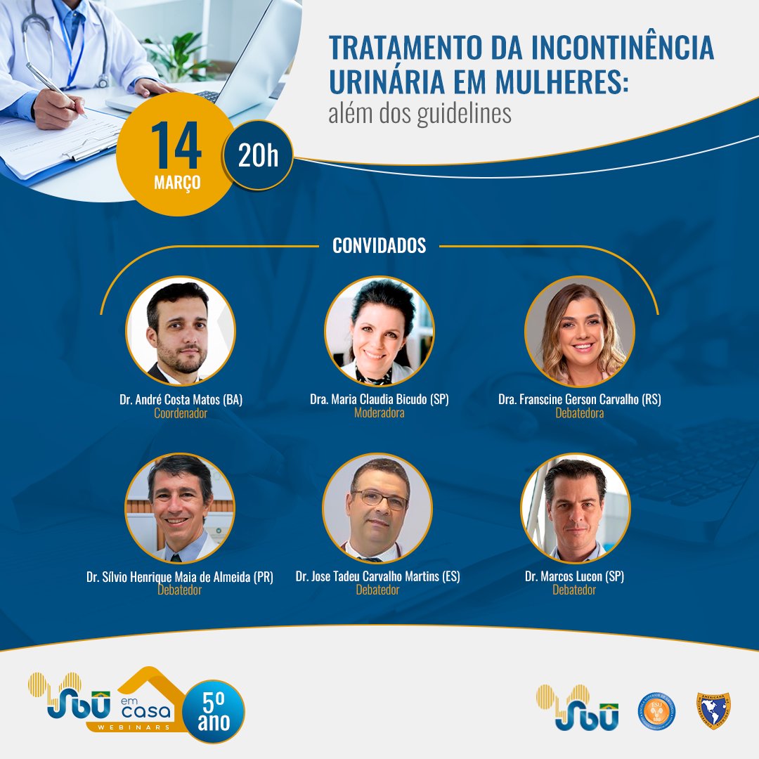 ✅ Dia 14/03 tem SBU em casa, com o tema: Tratamento da incontinência urinária em mulheres: além dos guidelines.

Faça a sua inscrição!

📲 Link: conteudo.portaldaurologia.org.br/sbu-em-casa-14…

#sbu #sbuemcasa #urologia #urologista #urologiabrasil