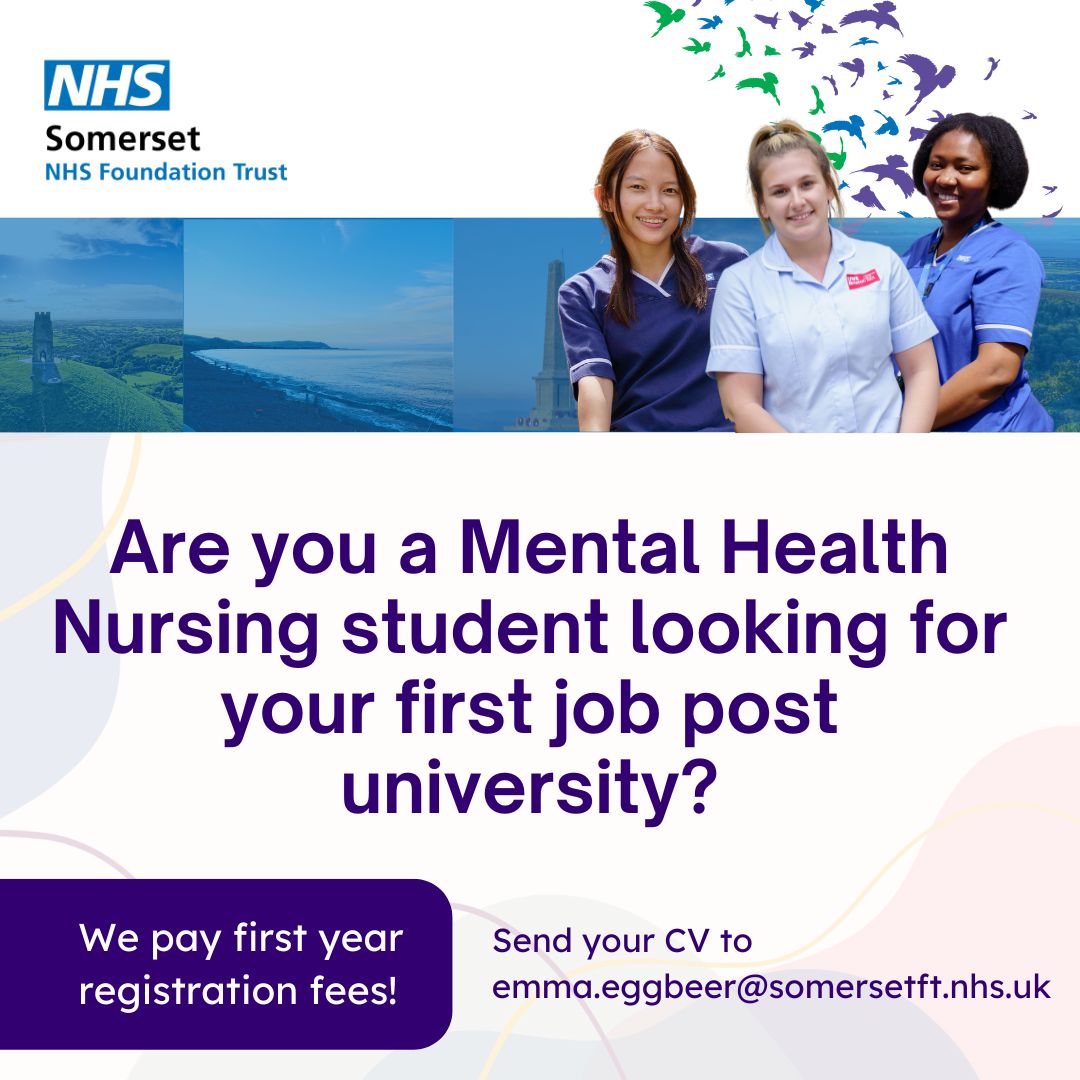 Are you a mental health nursing student about to qualify? Are you looking for your first job post university? Choose Somerset NHS Foundation Trust to give your career the best start! Contact emma.eggbeer@somersetft.nhs.uk for more info or apply via: buff.ly/3PfSSz9