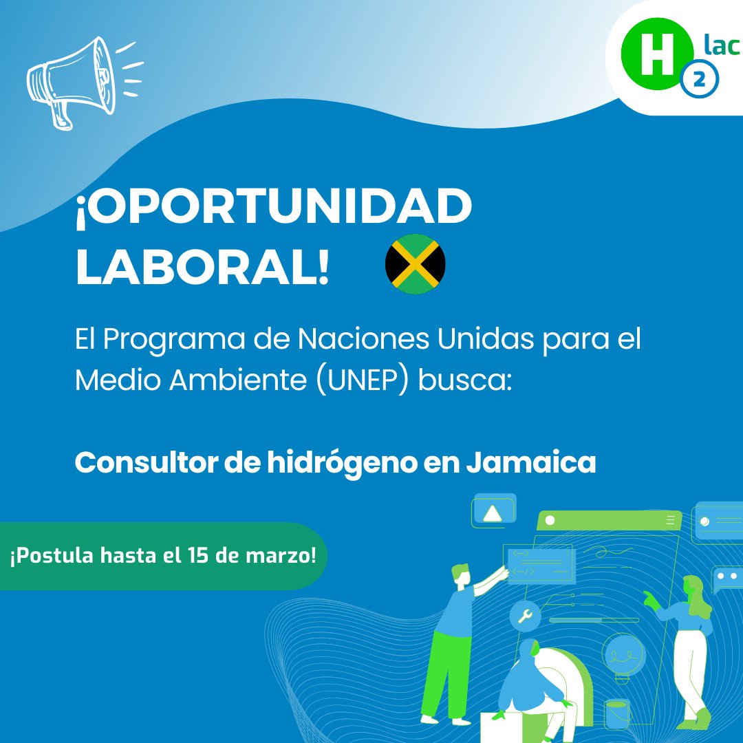 🇯🇲¡Oportunidad laboral! Nuestros aliados estratégicos de @UNEP buscan un consultor de #hidrógeno en #Jamaica, quien también colaborará activamente con @H2LAC. 📝 Postulaciones abiertas hasta el 15 de marzo. Revisa los requisitos: 👉 lnkd.in/eph4xhqV