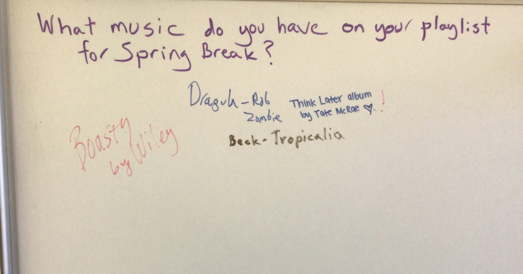 ParsonsMusLib's tweet photo. Take a look at responses to last week's #whiteboard question: "What music do you have on your playlist for Spring Break?" What would you add to this list? #music #musiclibrary #springbreakmusic https://t.co/q2pJNwNfld