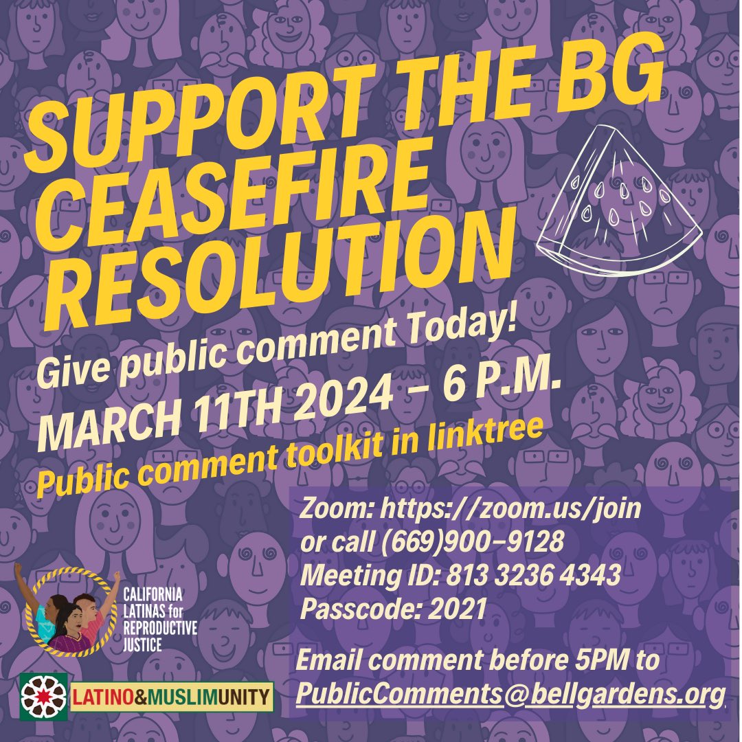 🚨TONIGHT: Support the Ceasefire resolution in Bell Gardens! Click on link in bio to support in person, on zoom, or send an email. 📍 City Hall: 7100 Garfield Ave, Bell Gardens, CA 90201