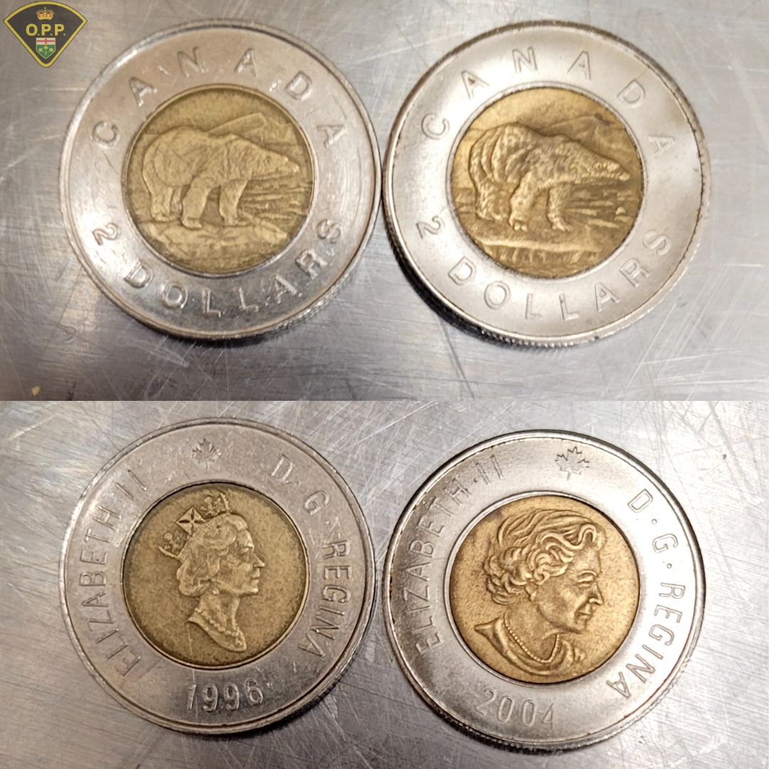 OPP_WR's tweet image. Spot the difference! A member of the public called #BrantOPP to advise them of counterfeit toonies, and now it's your turn to spot the fake! Can you tell which toonie is counterfeit? Stay informed and protect yourself from fraud! #FraudPreventionMonth^jb