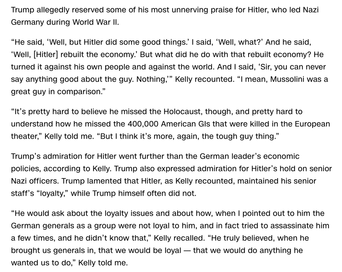 Donald Trump’s former chief of staff — a retired four-star general — says that Trump would repeatedly praise Adolf Hitler while in office. Seems like that should be getting more attention! “It’s pretty hard to believe he missed the Holocaust....” cnn.com/2024/03/11/pol…