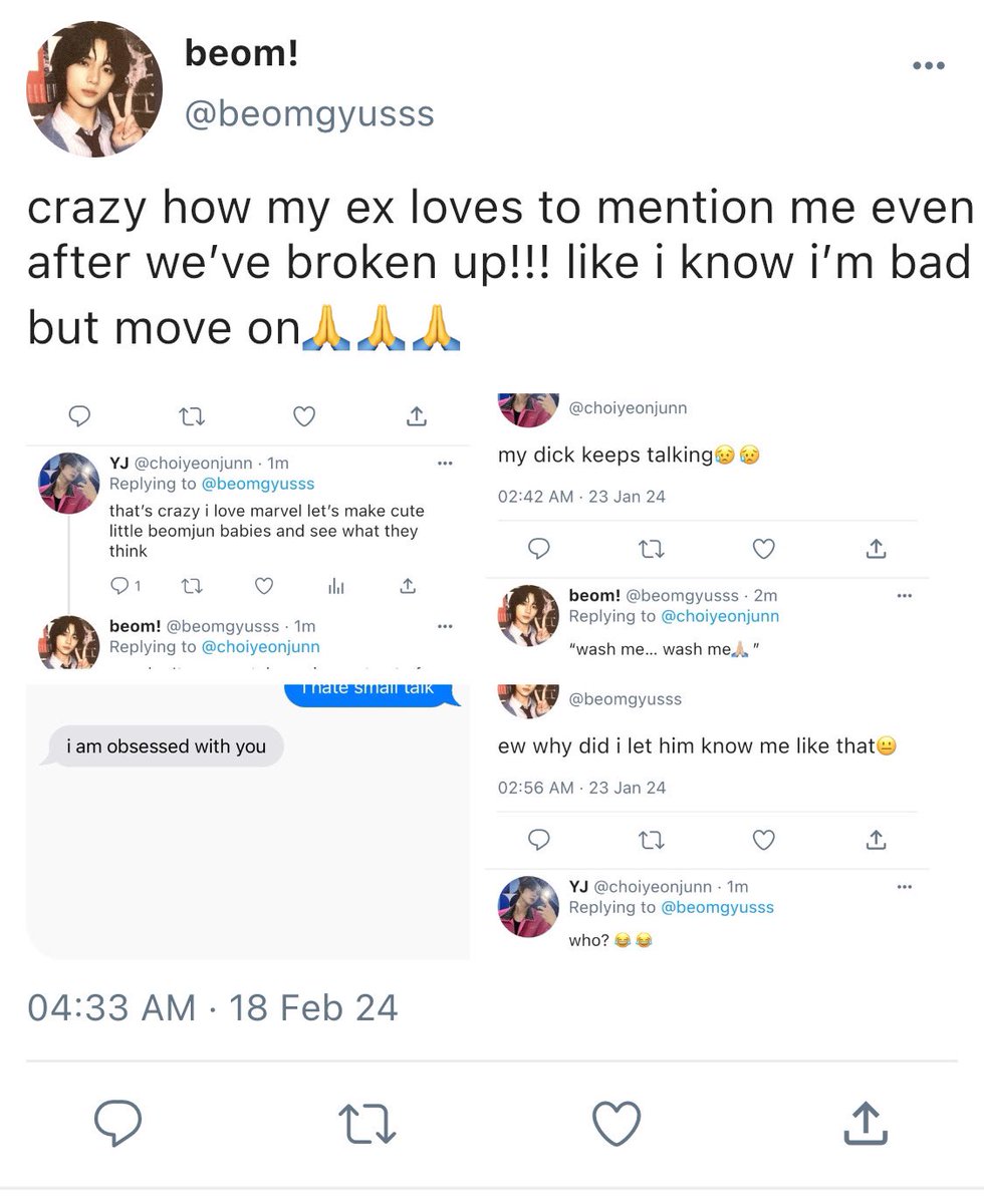 forbmjn's tweet photo. ੈ✩‧₊˚  where exes cyj and cbg start indirecting each other on the timeline but it’s clear there are some serious unresolved feelings.
— #beomjunau #yeongyuau ⋆·˚ ༘ * https://t.co/2URYwF358E