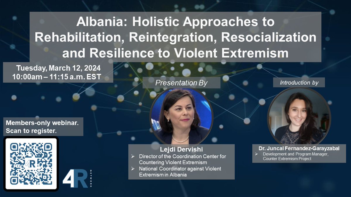 4RNetwork's tweet image. Tomorrow, we're hosting a members-only webinar on rehabilitation, reintegration, and beyond in Albania🇦🇱. 

We'll talk best practices and key takeaways. Please share with your networks🌐. 

Become a member of the #4RNetwork! Learn more and register here: 4rnetwork.org/user/register