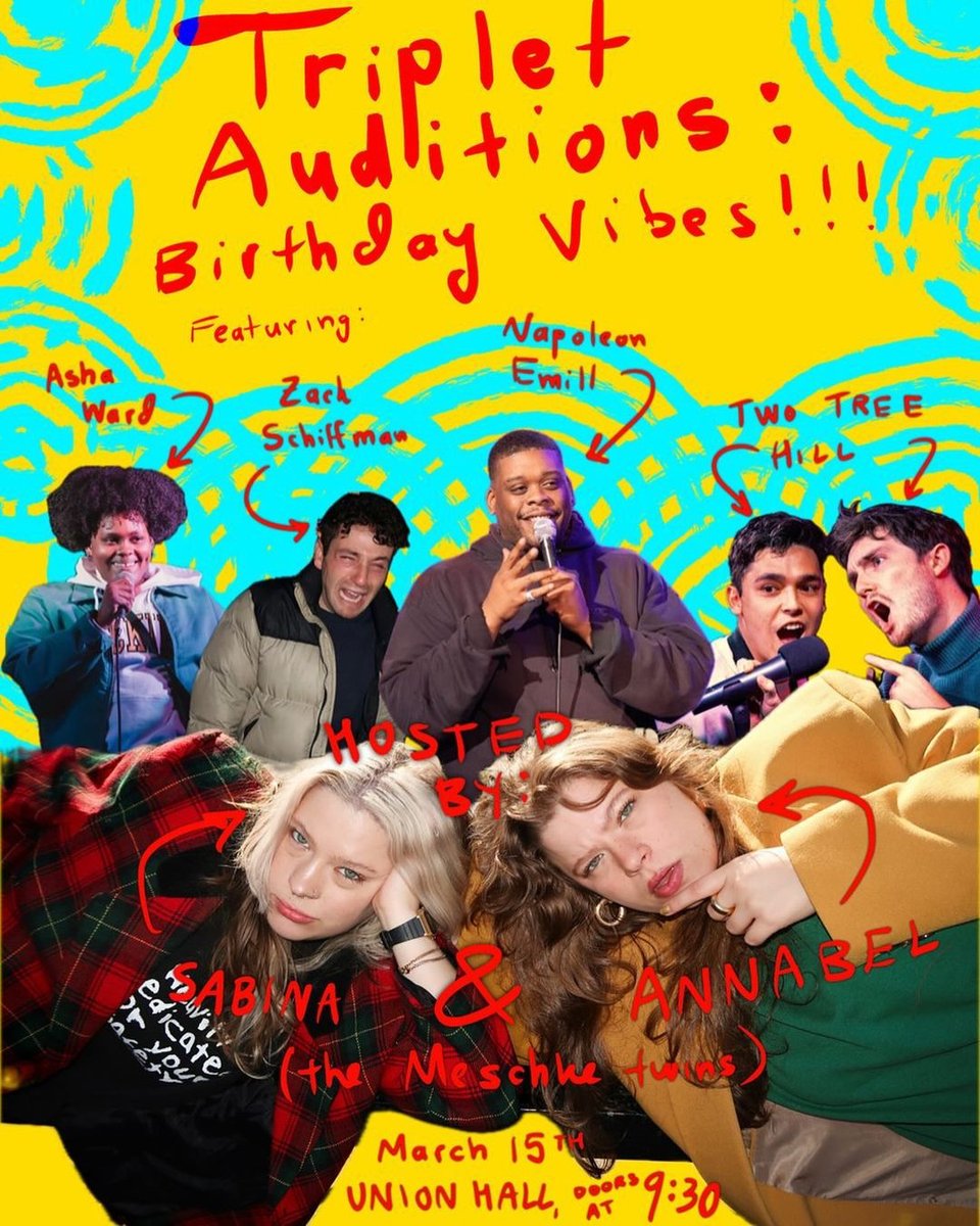 Union Hall (@unionhallny) on Twitter photo FRI 3/15: ♓️ TRIPLET AUDITIONS ♓️
HAPPY #PISCES SEASON, Y'ALL! Join identical twin comedians <a href="/annabel_meschke/">Annabel Meschke</a> and <a href="/sabinameschke/">Sabina Meschke</a> in celebrating their ACTUAL JOINT BIRTHDAY!🥳
Featuring <a href="/ashatellslies/">asha</a>, <a href="/schlife/">Zach Schiffman</a>, <a href="/NapoleonEmill/">Napoleon Emill</a>, and Two Tree Hill!
🎟️: tinyurl.com/2p9mxrpk FRI 3/15: ♓️ TRIPLET AUDITIONS ♓️
HAPPY #PISCES SEASON, Y'ALL! Join identical twin comedians <a href="/annabel_meschke/">Annabel Meschke</a> and <a href="/sabinameschke/">Sabina Meschke</a> in celebrating their ACTUAL JOINT BIRTHDAY!🥳
Featuring <a href="/ashatellslies/">asha</a>, <a href="/schlife/">Zach Schiffman</a>, <a href="/NapoleonEmill/">Napoleon Emill</a>, and Two Tree Hill!
🎟️: tinyurl.com/2p9mxrpk