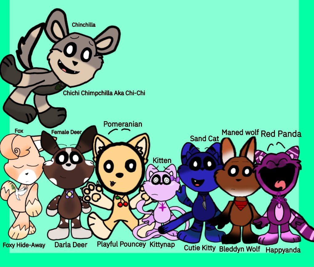 The_Pizza_God_'s tweet photo. Feel free to draw one of these sillies or draw them all together. #SmilingCrittersOC #SmilingCrittersFanart #smilingcritters #Happyanda #Bleddynwolf #CutieKitty #Kittynap #PlayfulPouncey #DarlaDeer #Foxyhideaway #ChichiChimpchillaAkaChi_Chi https://t.co/6imQVBXT43