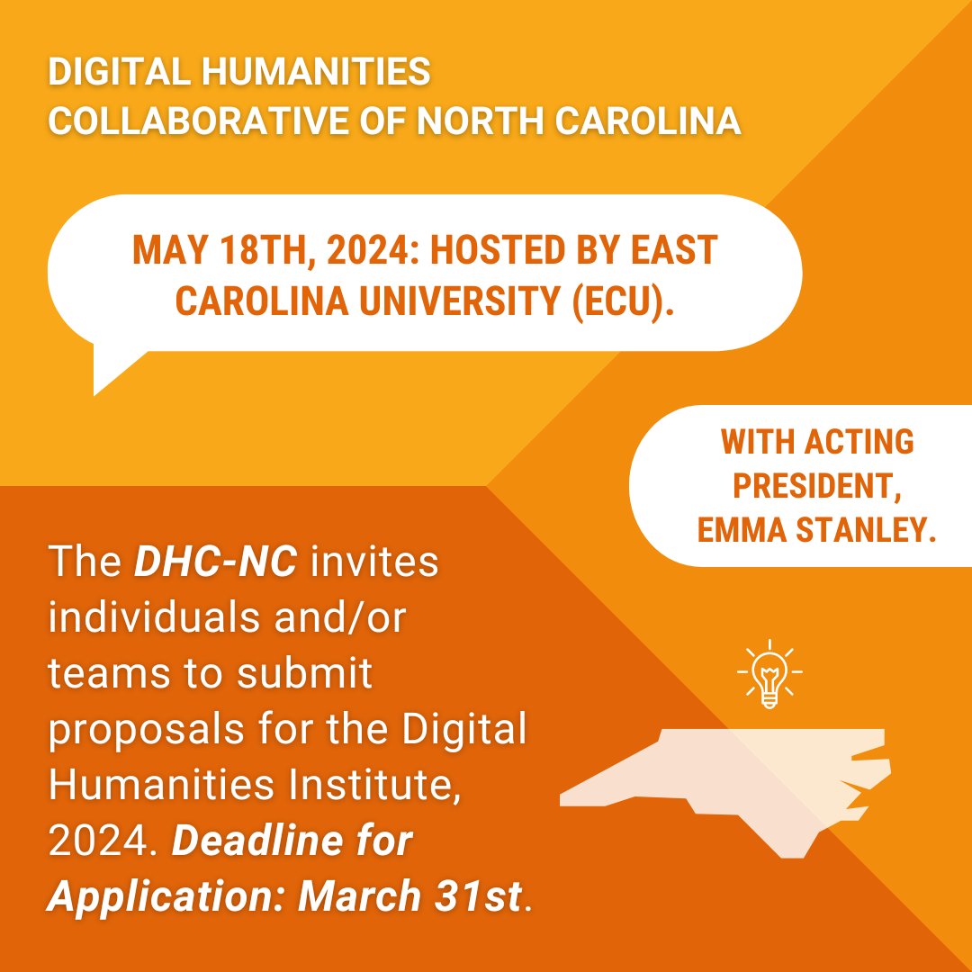 At the suggestion of our lab member, Emma Stanley, we'd like to bring to your attention that the Digital Humanities Collaborative of North Carolina is preparing for its upcoming institute on May 18th, 2024. For more information, check out the link. dhcnc.org/dhci/
