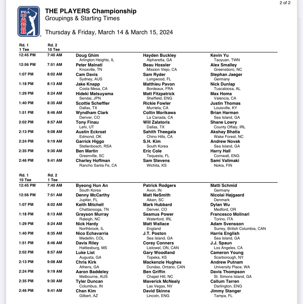 PGATOURComms's tweet photo. Groupings and starting times for the first and second round of the 50th playing of THE PLAYERS Championship: https://t.co/DQQqsCEzq8