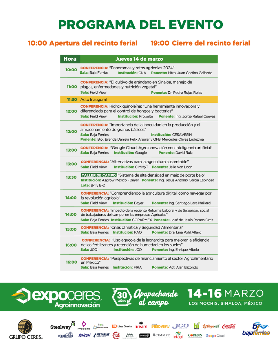 Expoceres's tweet photo. Te presentamos el programa general de #Expoceres2024. 🌱
Prepárate para tres días llenos de #conocimiento, #tecnología y #negocios en  #LaMásAgroDeMX. ¡Te esperamos del 14 al 16 de marzo!
📍 Carretera internacional México 15, Los Mochis - Navojoa km3
📲 https://t.co/9n874Nbyuu https://t.co/pEVa9QyWFZ