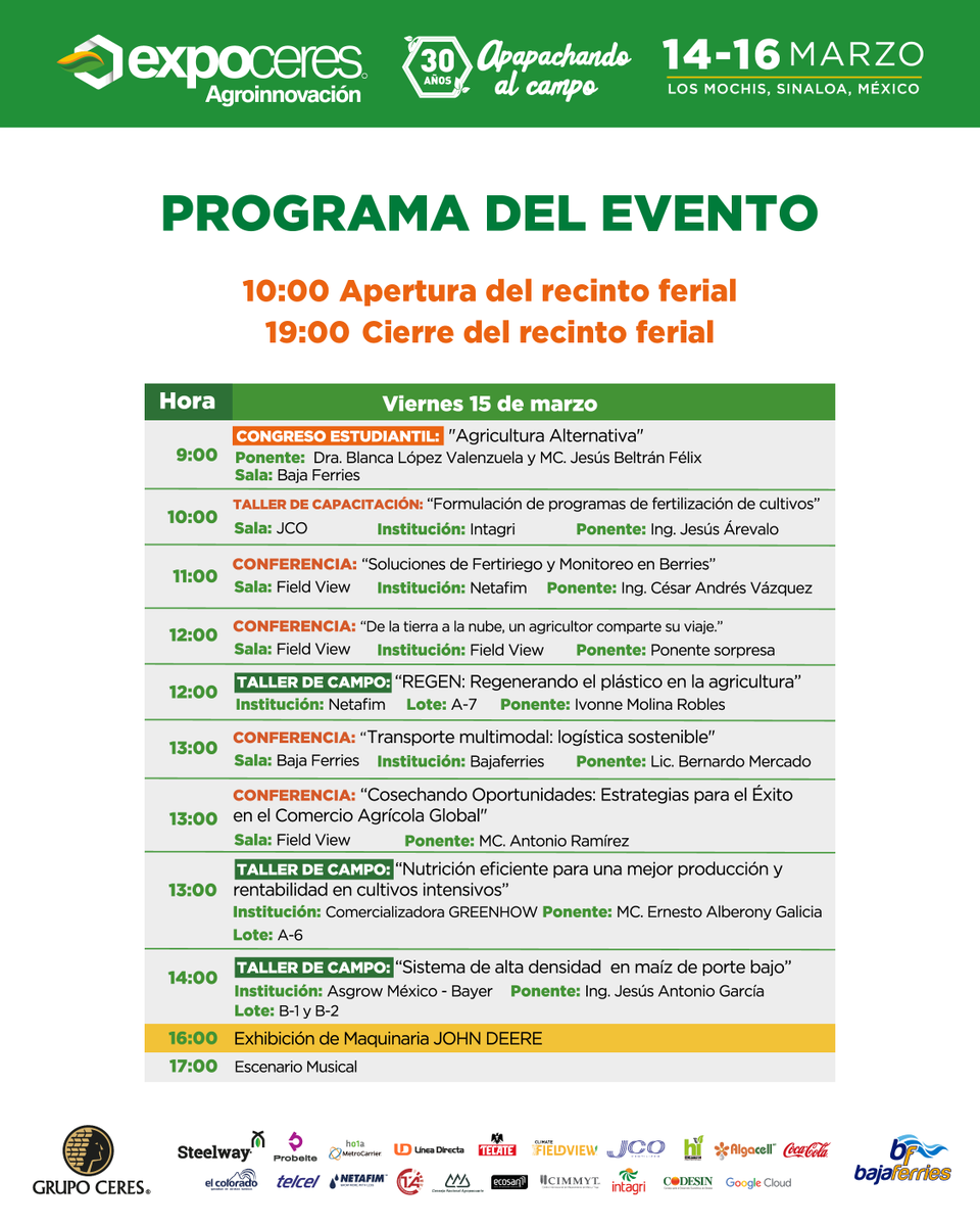 Expoceres's tweet photo. Te presentamos el programa general de #Expoceres2024. 🌱
Prepárate para tres días llenos de #conocimiento, #tecnología y #negocios en  #LaMásAgroDeMX. ¡Te esperamos del 14 al 16 de marzo!
📍 Carretera internacional México 15, Los Mochis - Navojoa km3
📲 https://t.co/9n874Nbyuu https://t.co/pEVa9QyWFZ