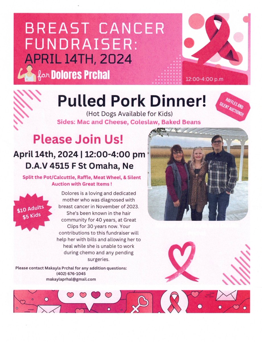 Come for the pulled pork, stay for the support. Fundraising dinner for Dolores Prchal on April 14th, Noon-4 PM at DAV Nebraska Chapter 2 Omaha Hall, 4515 F St., Omaha, NE. Tickets are $10 for adults, $5 for kids! #Omaha