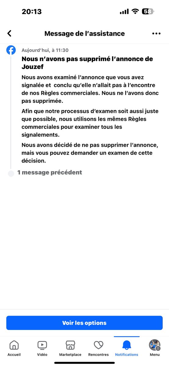 Facebook MarketPlace, ce cancer. Signalement pour une contrefaçon d’Apple Watch Ultra (à un prix tellement abusé que c’est flagrant certes, mais ça reste du vol de propriété intellectuelle) : « on voit pas le problème » 🤓