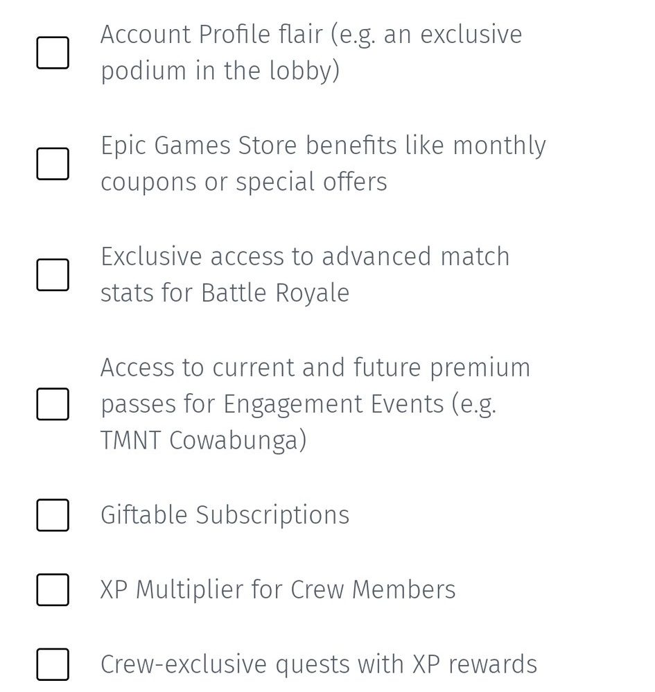 Looking at the new survey for the crew, here are the additions I want to see. 

Giftable subscriptions are cool if they do both gift cards and scammers don't do their thing. 
Crew exclusive quests are cool if we actually get real quests and not eliminate 5 players. 

(1/4)🧵