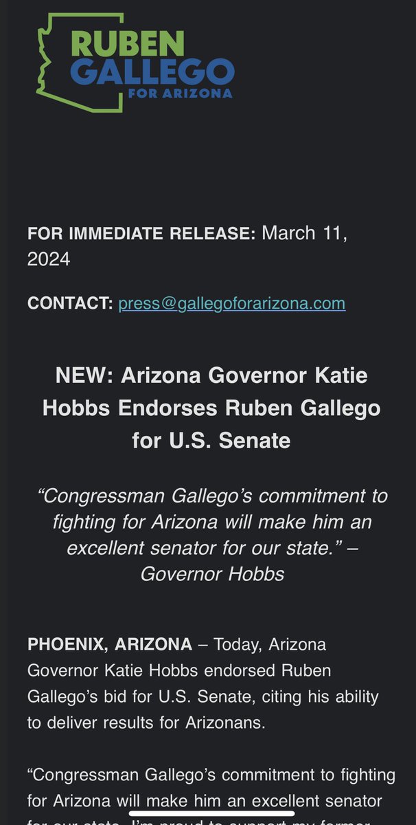 AS EXPECTED: Now that incumbent Sen. Kyrsten Sinema (I) is out, Gov. ⁦@katiehobbs⁩ (D) endorses ⁦@RubenGallego⁩ (D) for Senate.