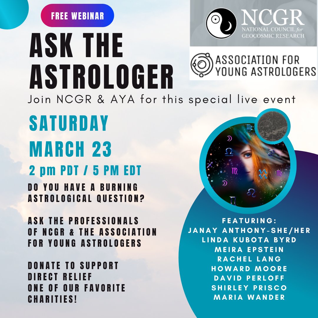 Astrology Organizations NCGR &amp; AYA are celebrating International Astrology Day with a charity fundraiser for Direct Relief!  Join NCGR to access this, monthly webinars &amp; more: geocosmic.org/register conta.cc/3IxRvbb