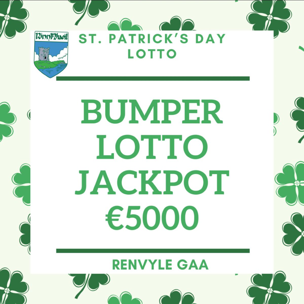 A live draw will day place in Veldons Seafarer at 9 pm on St. Patrick’s Day ☘️ tickets can be bought from Rogans shop Tully, Country Shop Letterfrack, Veldon’s Bar, Paddy Coyne’s Bar, Sammon’s Bar, Kylemore Service Station and Renvyle House Hotel or online at Clubforce