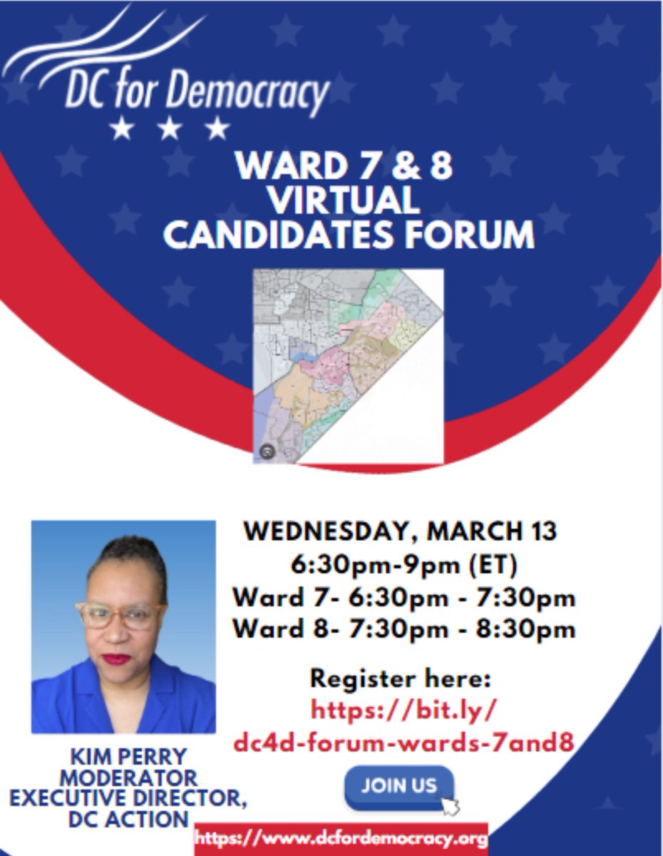 dc4d's tweet photo. Presenting… #DC4D Ward 7 & 8 Candidates Forum on Wed., March 13th at 6:30 p.m. We are pleased to have Ms. Kim Perry @KimPerry_DC Executive Director of #DCAction @WeAreDCAction serving as Moderator. Register here at ⬇️ https://t.co/IxkhT5khBz All are welcome! #Ward7 #Ward8 https://t.co/gMNXy5PAxm