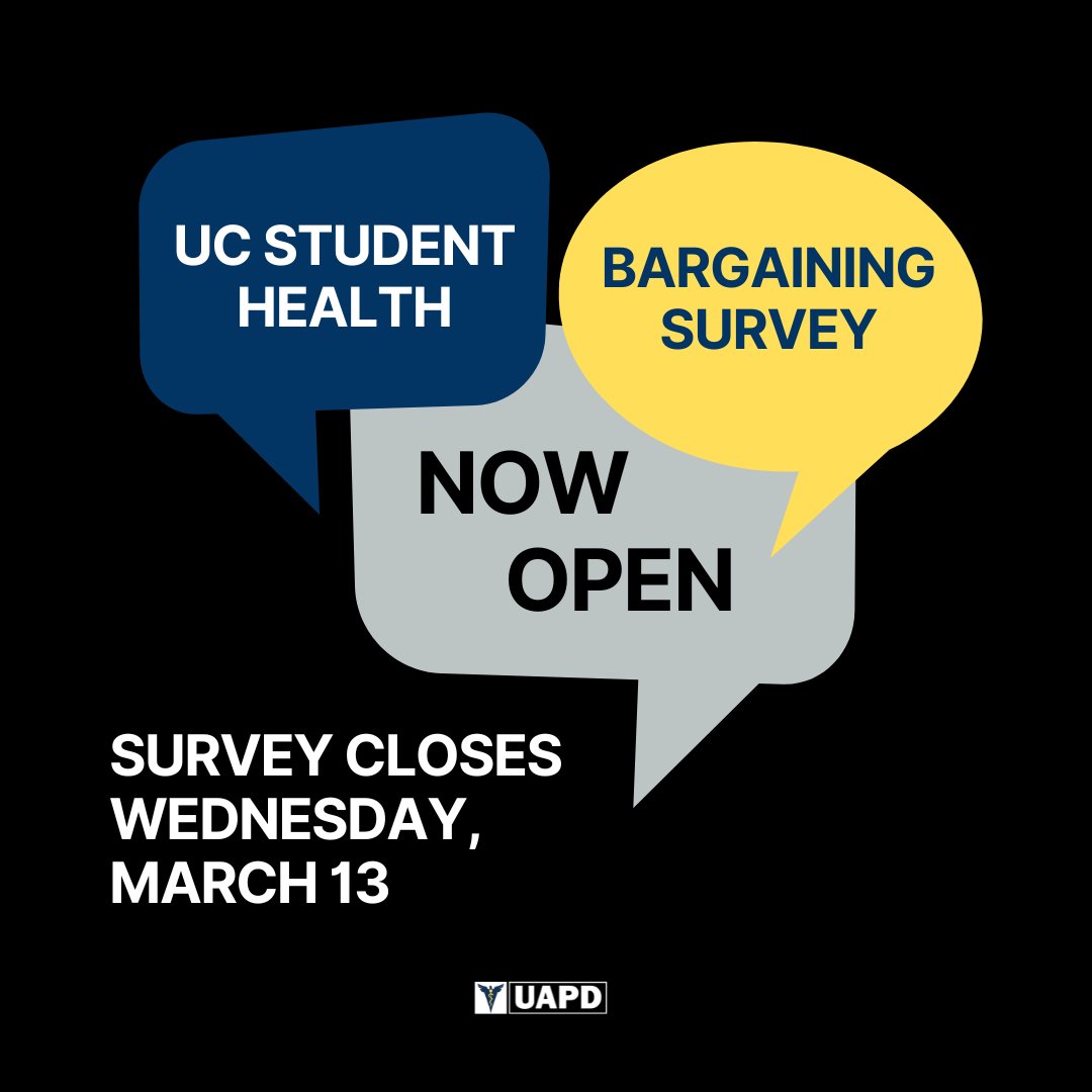UC members, please check your email and complete the bargaining survey today. Remember, your input guides the bargaining process! Fill out the survey before it closes on Wednesday, 3/13 at midnight. #1u #solidarity #union #unionstrong #unionproud #UAPDtakesaction #survey
