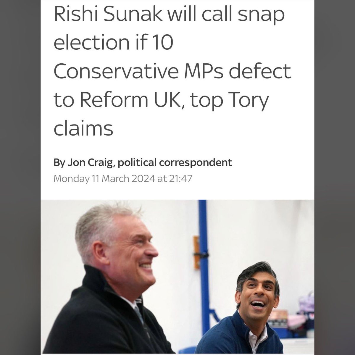 Rishi Sunak will call snap election if 10 Tory MPs defect to Reform 

@SkyNews reports from Top Tory at 1922 committee bash 

Who will the 10 be?
Lee Anderson 
And.....