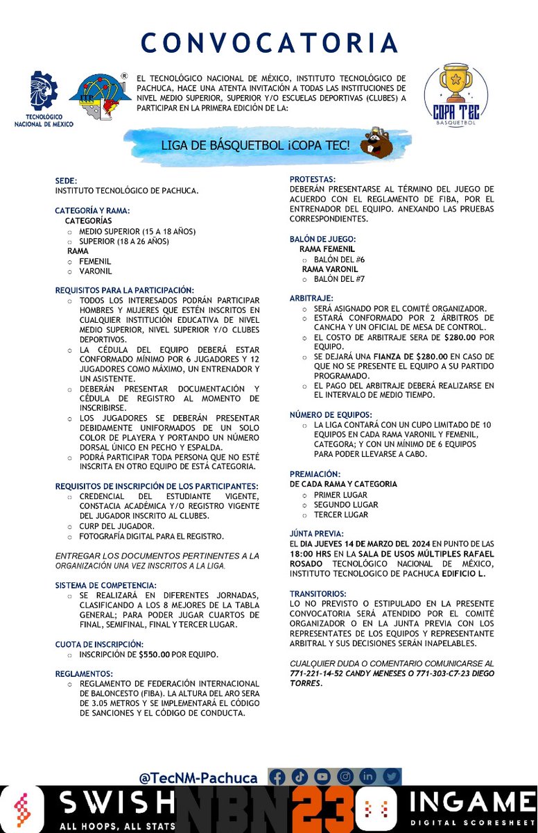 📌 ¡ATENCIÓN PÚBLICO EN GENERAL!

🏀 ¡Participa en la Liga de Básquetbol #CopaTec! Instituciones educativas de nivel medio superior, superior y escuelas deportivas, consulten la convocatoria adjunta.