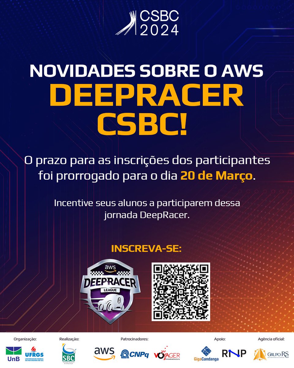 CongressoCsbc's tweet photo. Inscreva-se para participar da jornada DeepRacer!
 
Serão 3 sessões com introdução sobre o DeepRacer, como utilizar o simulador virtual, tirar dúvidas e gerar mais interação com os participantes.
 
Além dos alunos os professores são muito bem vindos nos workshop! https://t.co/hZNfk1UIXZ