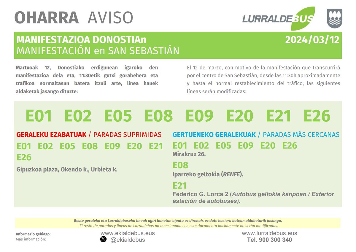 Lurraldebus's tweet photo. 📅 Martxoak 12 / 12 de marzo
📍#Donostia
📢 Lineen aldaketa / Modificación de líneas
👥Manifestazioa / Manifestación
🚌#E01 #E02 #E05 #E08 #E09 #E20 #E21 #E26 #BU03 #BU04 #BU05 #BU07 #BU08 #BU11 #BU12 #BU13
📱900 300 340
🔗 https://t.co/VfU7Axzngl https://t.co/Shm6FdLANK