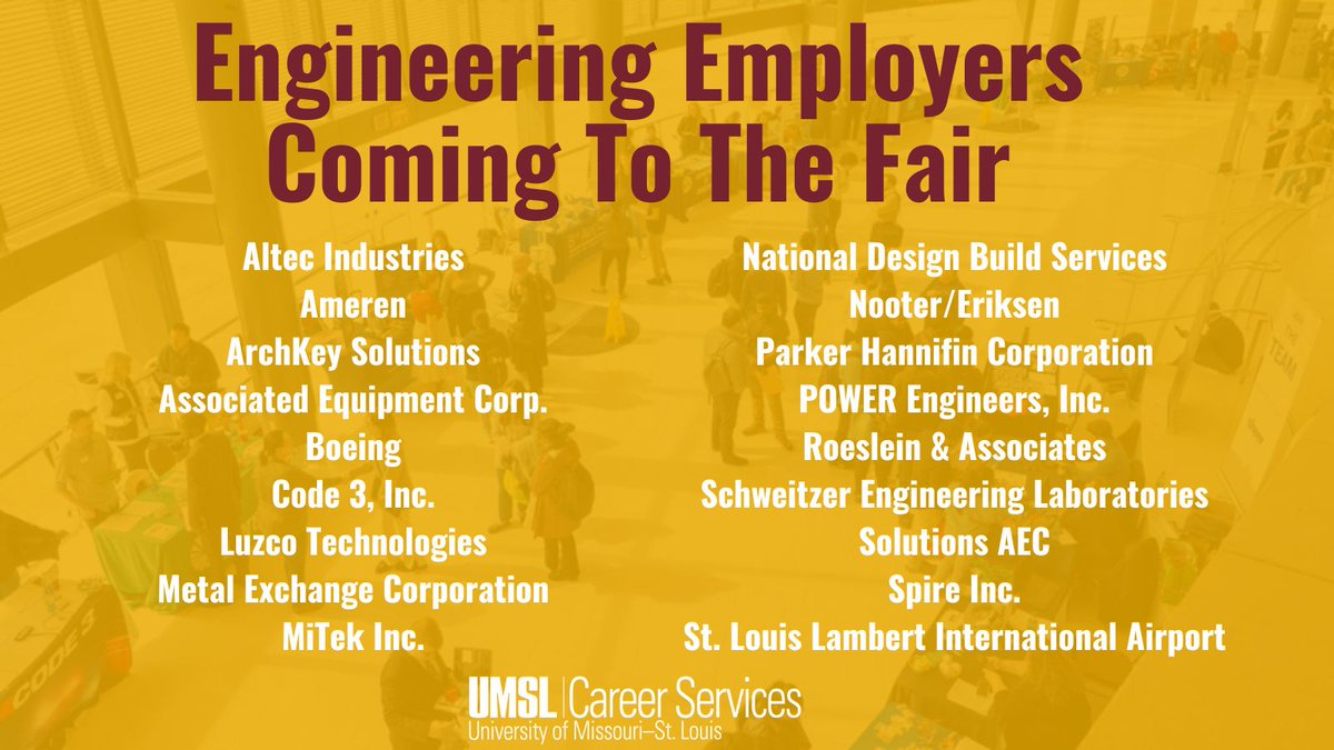 UMSLCareers's tweet photo. The Career Fair is this week! Are you ready for it? 

Interested in Engineering opportunities? We have 18 employers specifically looking for engineering majors attending our fair. Check them out on Handshake, and come talk to them at the fair! https://t.co/FKFnlXKXOL