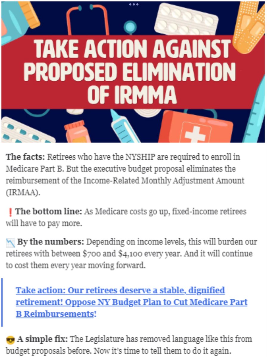 The governor’s proposed budget plans to make changes to retirees Medicare Part B reimbursement premiums.  Click the link below to see how you can take action.
mac.nysut.org/action/882