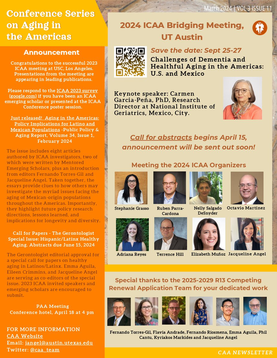 ¡Marca tu calendario!
El workshop ICAA 2024 ya tiene fecha.
El tema será "Desafíos de la Demencia y el Envejecimiento Saludable en las Américas: EE. UU. y México", con la destacada participación de la Dra. Carmen García Peña, Directora del INGER

➡️ sites.utexas.edu/caa/