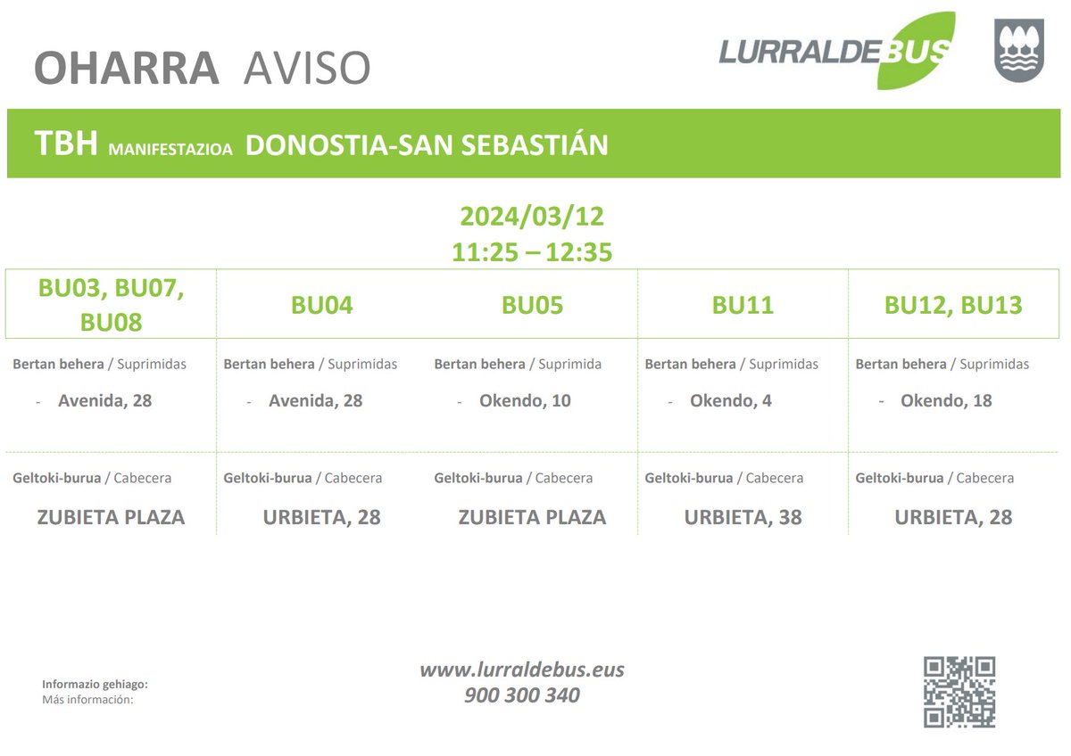 Lurraldebus's tweet photo. 📅 Martxoak 12 / 12 de marzo
📍#Donostia
📢 Lineen aldaketa / Modificación de líneas
👥Manifestazioa / Manifestación
🚌#E01 #E02 #E05 #E08 #E09 #E20 #E21 #E26 #BU03 #BU04 #BU05 #BU07 #BU08 #BU11 #BU12 #BU13
📱900 300 340
🔗 https://t.co/VfU7Axzngl https://t.co/Shm6FdLANK