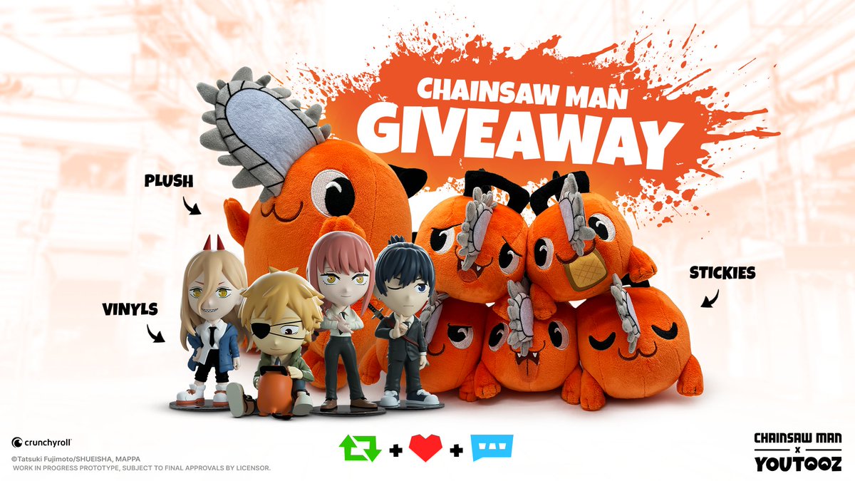 woof woof it's #chainsawman giveaway time 😄 to win the full set 👉 retweet & like this post then comment POCHITATOOZ ⛓️ 5 winners announced friday when the collection drops!