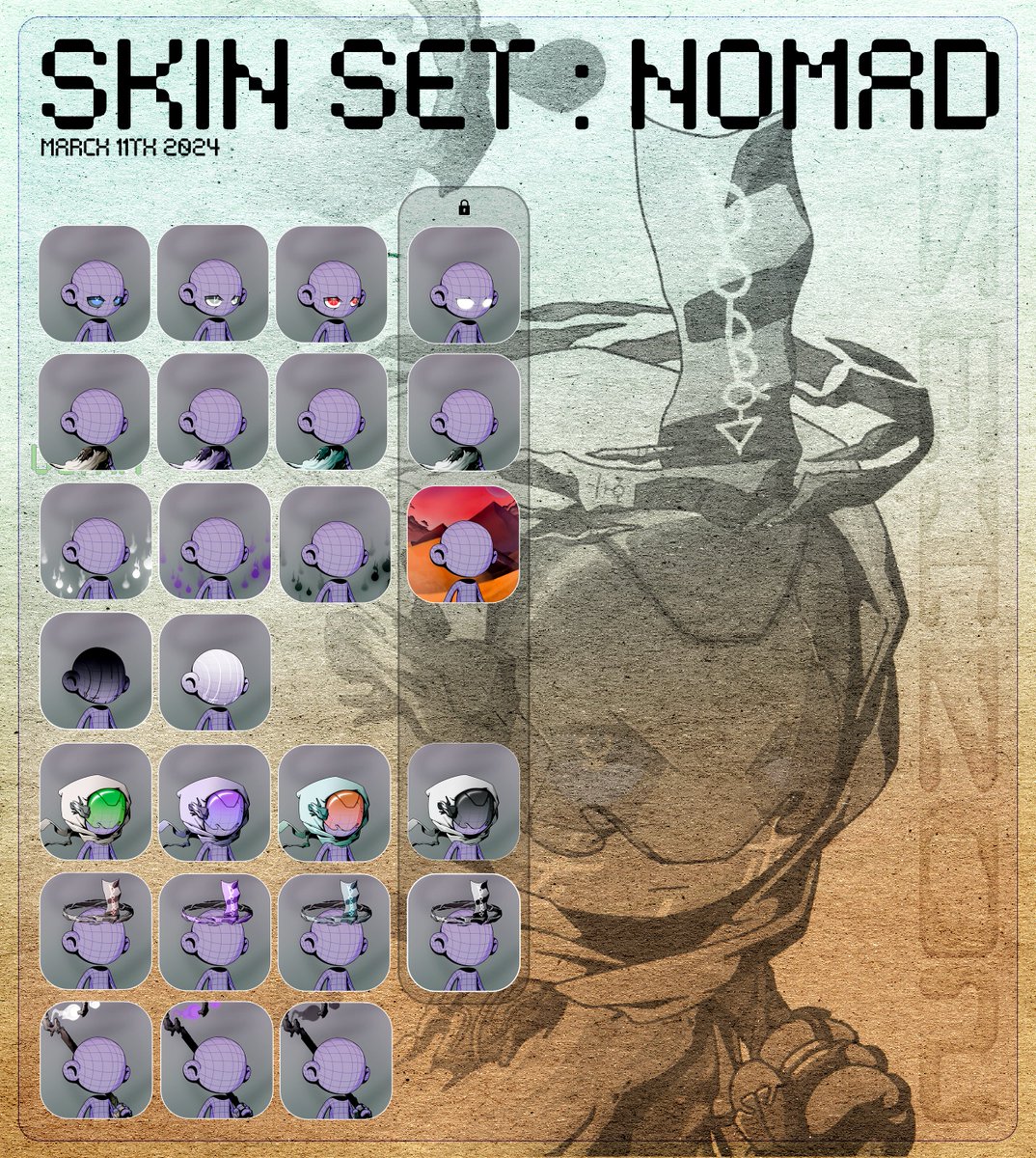 SKIN SET : NOMAD
Has arrived.

Each individual trait from this set will earn $5 SZN/hour.
Collect, stack and customize 💧✨

Locked traits will only be available through different outlets, stay tuned in for those opportunities!