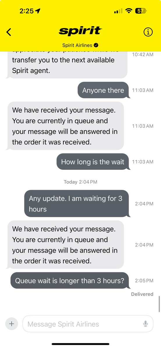 AtulB0001's tweet photo. ⁦@SpiritAirlines⁩ waiting on your chat line for 3 hours and 15 minutes?
How long is typical wait?????? https://t.co/ofRKThwbDW