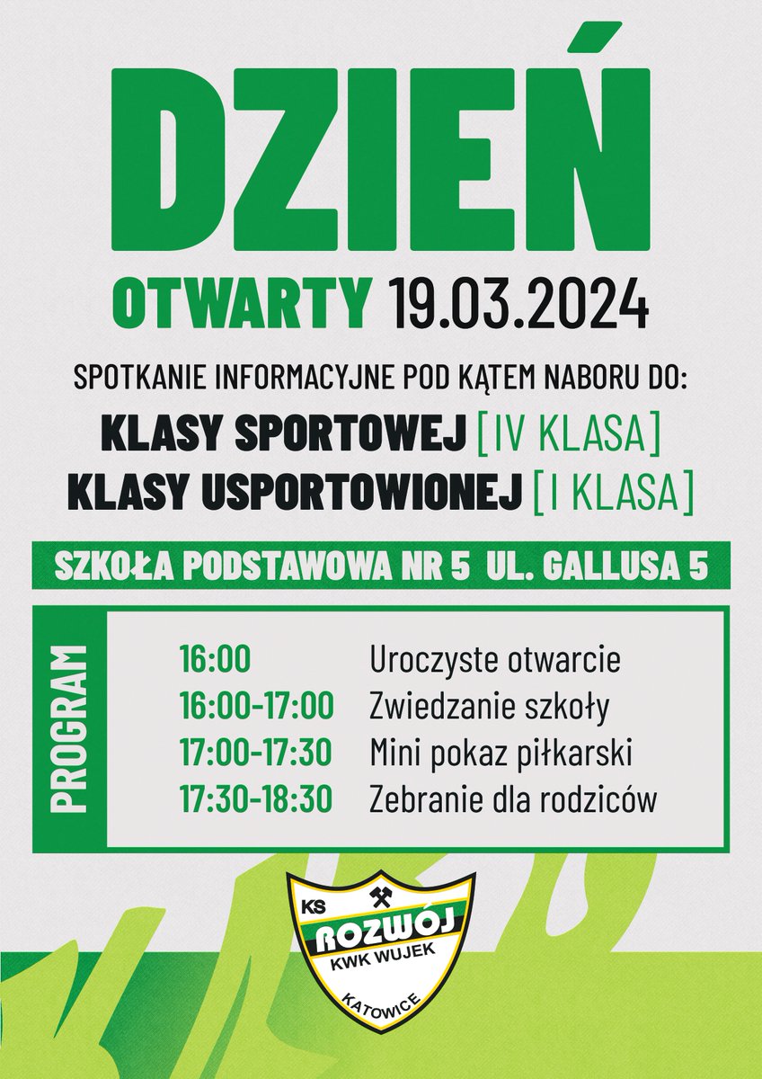 ‼️  We wtorek 19 marca zapraszamy do Szkoły Podstawowej nr 5 przy ul. Gallusa na spotkanie informacyjne dotyczące naborów do I i IV klasy ⚽