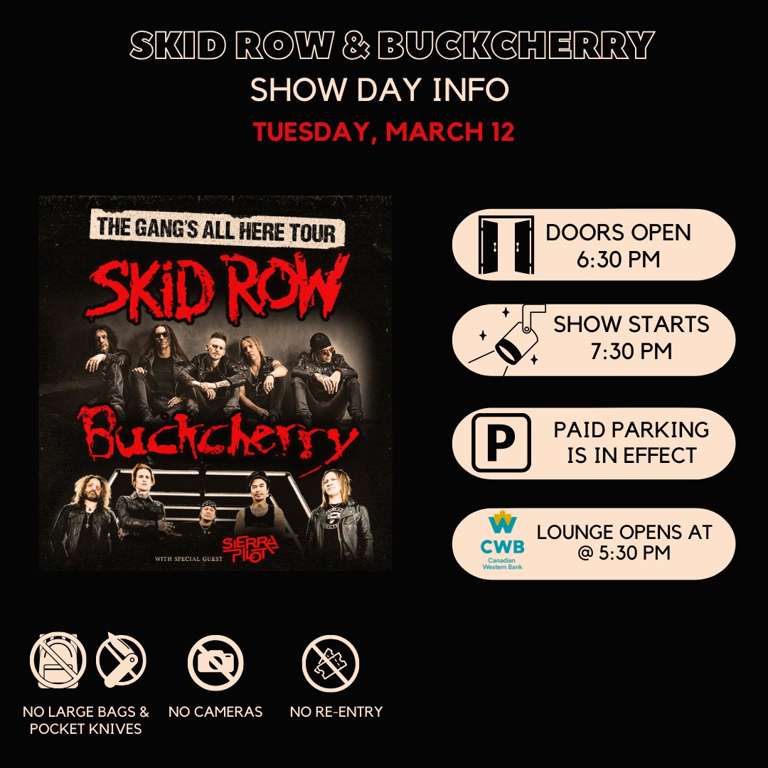 Show Day! Don't miss SKID ROW &amp; Buckcherry tonight! 

Last minute tickets: bit.ly/41sYCJW