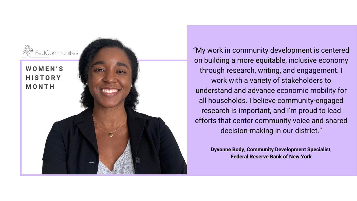 Celebrate Women's History Month with Dyvonne Body, a community development specialist at the @newyorkfed. Read on to find out more about the impactful work Dyvonne is doing in her district. 💜 

#CommunityDevelopment #Research #EconomicMobility #WomensHistoryMonth