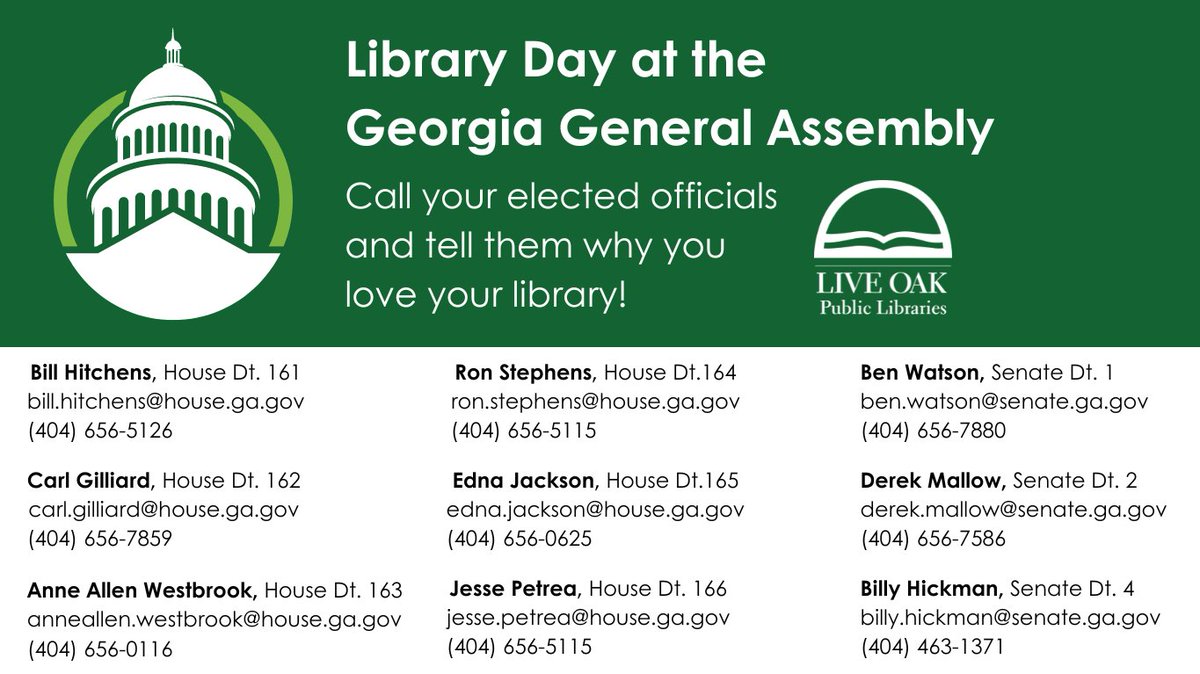 Today is Library Day at the Georgia General Assembly! We rely on state funding, so please take the time to call your local representatives today, and tell them what your library means to you!