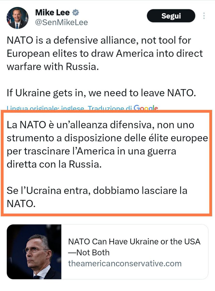 I MIEI RISPETTI AL SENATORE USA MIKE LEE
Ovviamente Trumpiano