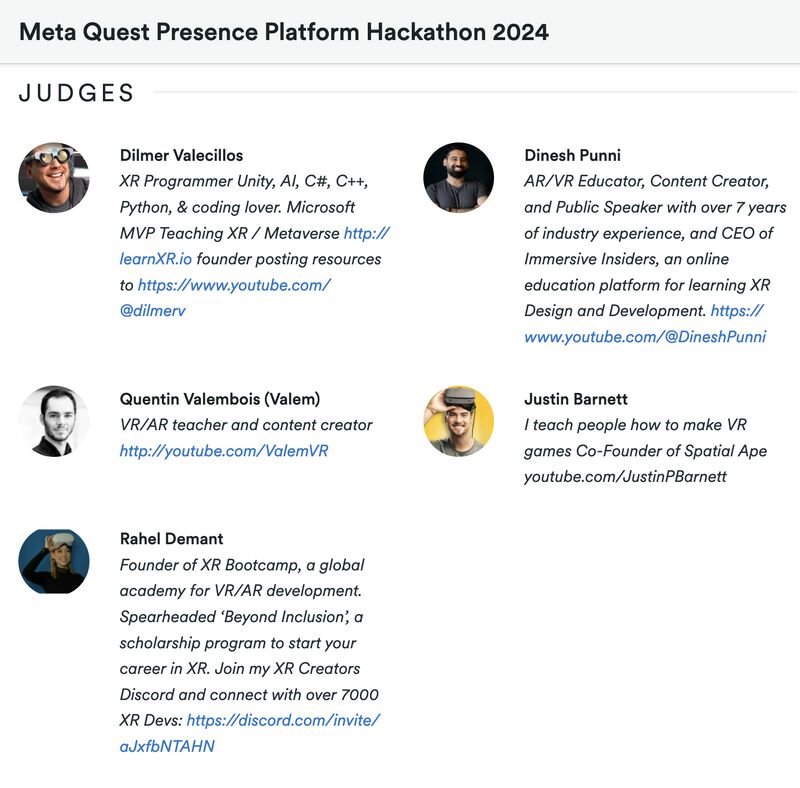 Our co-founder @RahelDemant will be one of the judges for the largest #XR #MetaQuest #PresencePlatform online #Hackathon with $30K in prizes, together with @Dilmerv @ValemVR @JustinPBarnett Dinesh Punni 🙌
Join Hackathon on March 25 here 🔜metaquesthackathon.devpost.com/?utm_source=Tw…