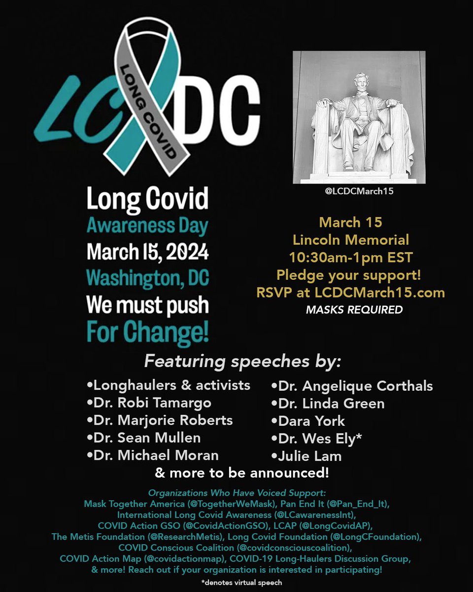 MsJulieSLam's tweet photo. Today marks the 4th anniversary of the COVID19 pandemic. The monumental death toll and mass disabling by #LongCovid demands mitigation, patient care, awareness and funding for research. Please join us at the @LCDCmarch15 on March 15 to push for change. See you at the webinar. https://t.co/PJKsbzGvUM