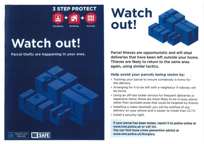 MPSHighBarnet's tweet photo. Good Evening from High Barnet.
Nothing of note to report over the last couple of days but please take the time to look at the latest crime prevention advice in relation to Parcel Theft.
#BeSafe
#3StepProtect
#crimeprevention https://t.co/3SwppsRavM