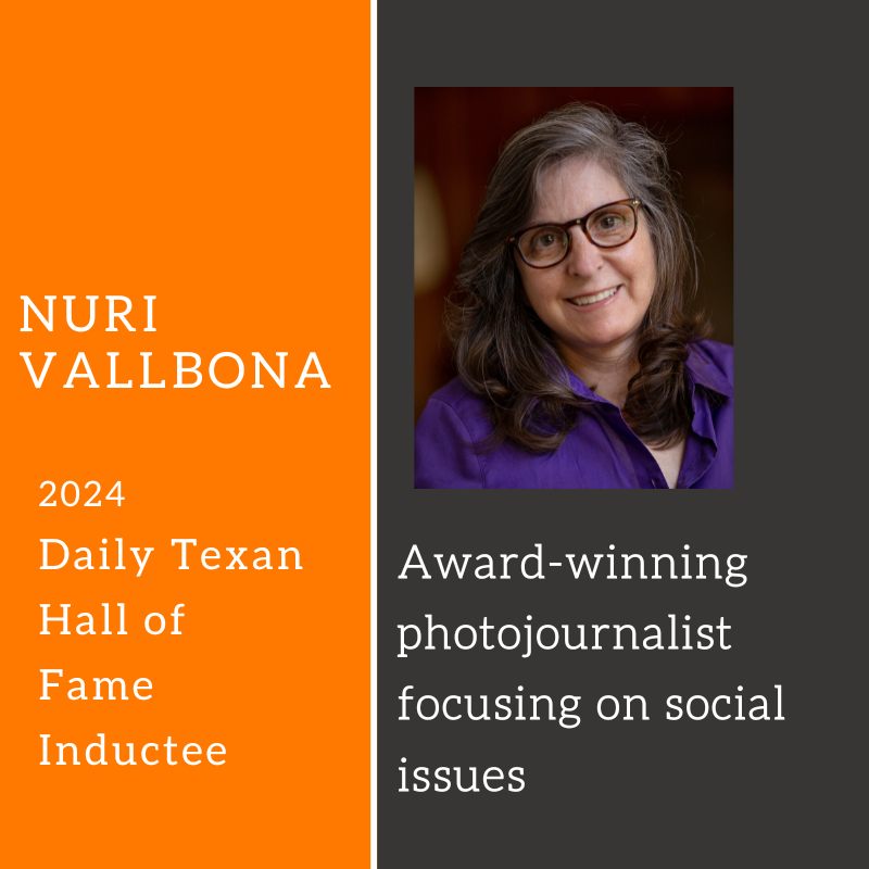 TexanFriends's tweet photo. Nuri Vallbona is an award-winning documentary photojournalist and writer who has focused most of her career on social justice projects. She will be inducted into The Daily Texan Hall of Fame on March 22. Register to attend here: https://t.co/1TuUa8txhJ https://t.co/dGVpPYq5gw