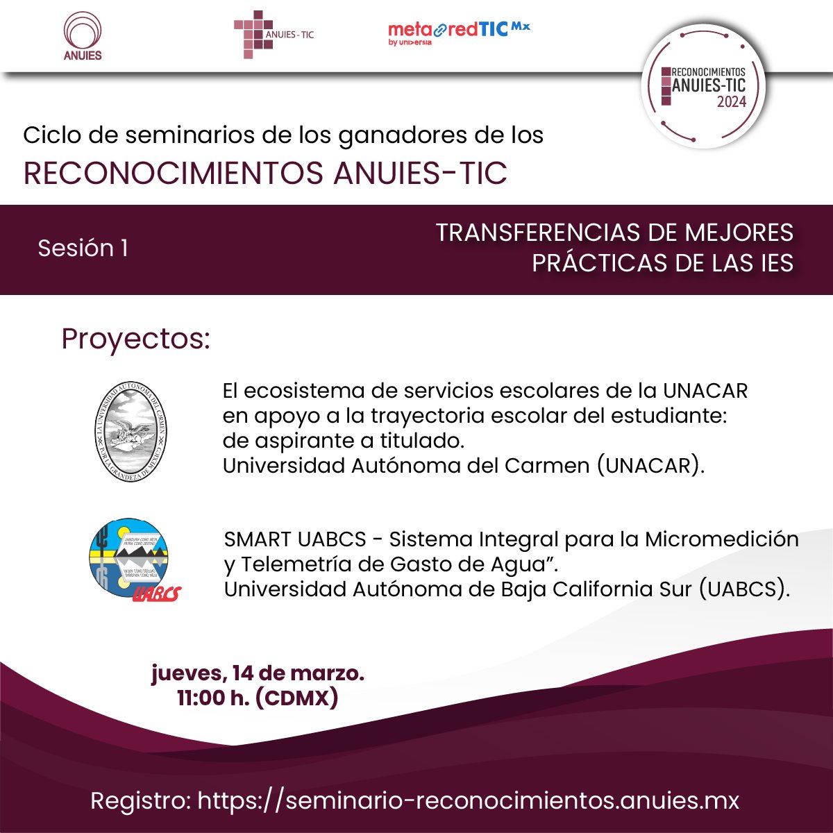 MetaRedMx's tweet photo. ANUIES TIC invita al webinar:Transferencia de mejores prácticas de las IES S1, 
1.El ecosistema de servicios escolares de la UNACAR ... 
2. SMART UABCS - Sistema Integral para la Micromedición ... 
Jueves 14 de marzo, 11:00 hrs (CDMX).
Registro en: https://t.co/KNkWxkrfyB https://t.co/N3MS5iDkGA