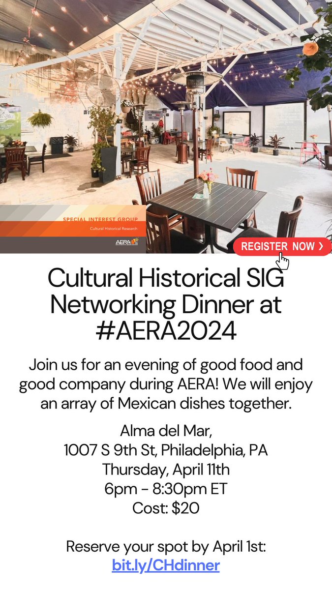 AERASIG_CH's tweet image. Join the Cultural Historical SIG for dinner at #AERA24 for some good food and good company! RSVP here: docs.google.com/forms/d/e/1FAI…